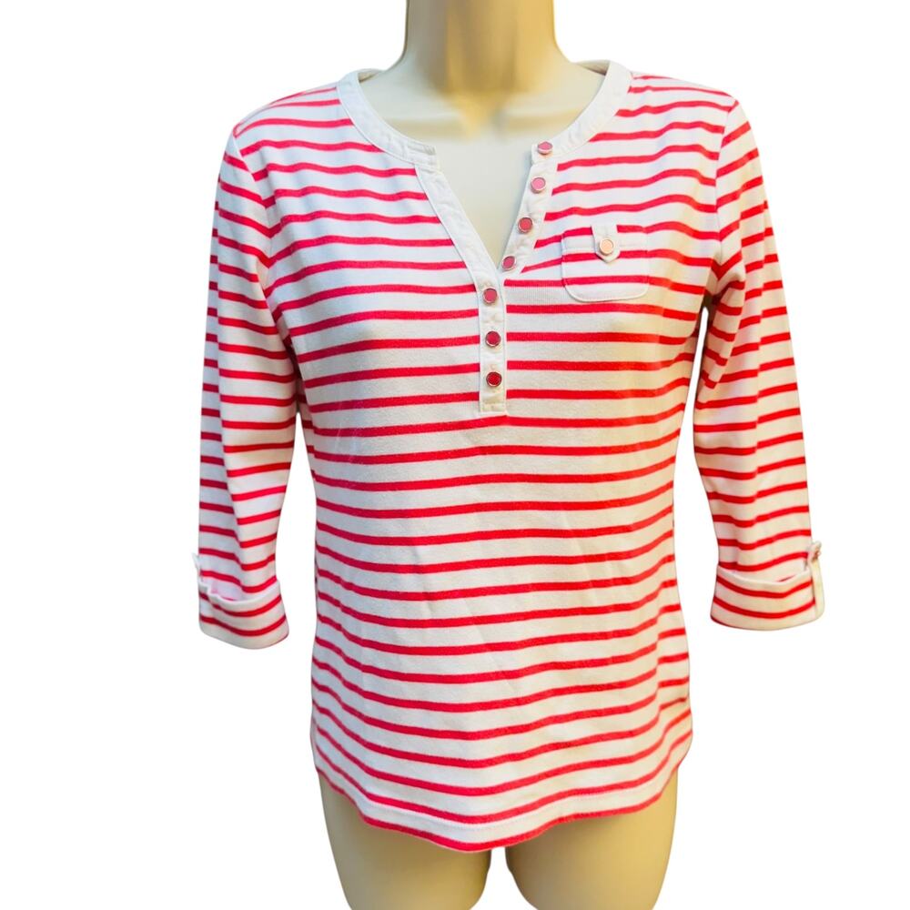 Karen Scott Petites White Pink Striped Henley Top | 3/4 Sleeve | S/XS Petite